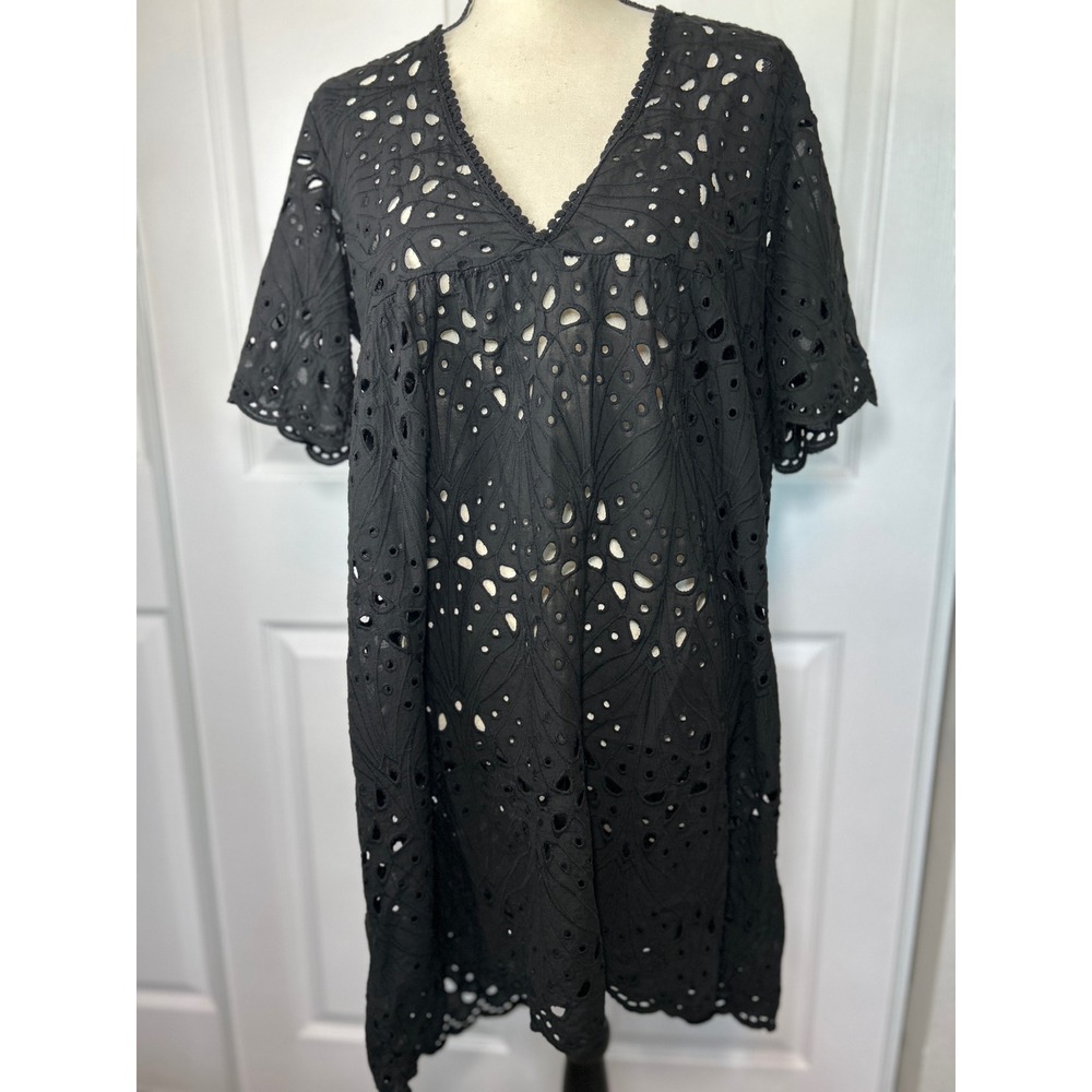 NWT Valentina Naldi Italy Black Eyelet Dress Short Sleeve Summer Chic Large